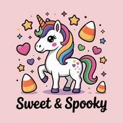 Sweet and spooky unicorn illustration, smiling character with candy corn and bats, enchanting Halloween vibe, vector graphic for stickers, shirts, cards, decor