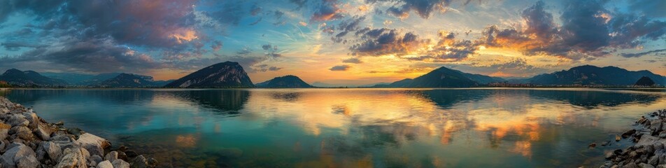 Obraz premium Serene lake at sunrise, with mountains mirrored in calm water, dramatic sky