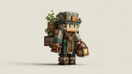 A voxel-style character, possibly a botanist or explorer, with a backpack containing plants and wooden crates, wears a top hat, carries a lantern, and is rendered against a light-grey background