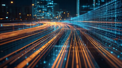 City street at night, overlaid with digital data streams. Blurry car lights create streaks