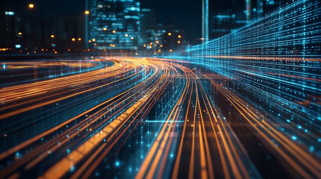 City street at night, overlaid with digital data streams. Blurry car lights create streaks