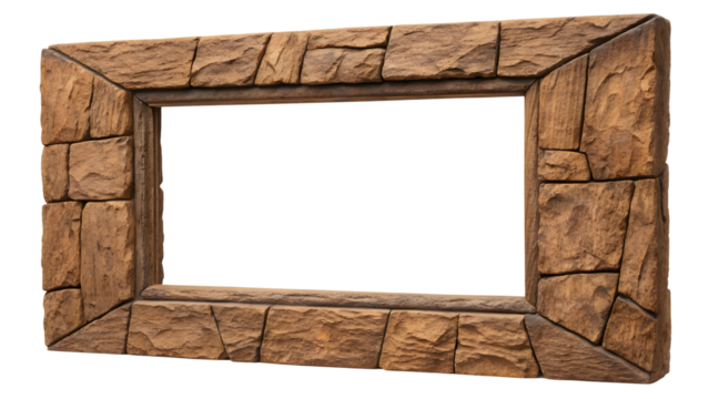 Golden brown stone frame with dimensional depth and irregular block arrangement, isolated on a transparent background