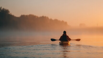 Kayaker Paddling On Misty Lake At Sunrise. Tranquil Morning Adventure In Nature