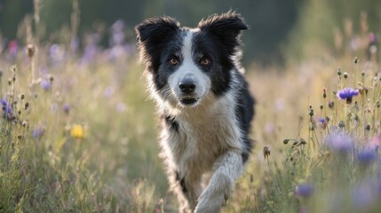 Fototapeta premium Border Collie Walking Through A Wildflower Meadow. Dog Enjoying Nature And Outdoor Adventure