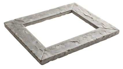Thick gray stone frame with beveled edges and natural weathering in rectangular shape, isolated on a transparent background