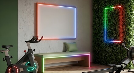 Gym interior with exercise equipment, bench and neon light accents fitness
