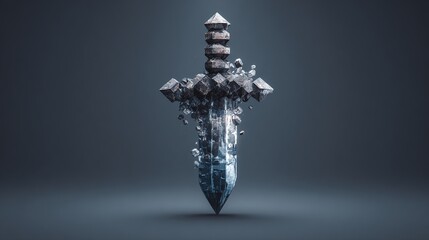 Crystalline sword, low-poly style,  grey-blue hues,  faceted,  appears to be composed of fragmented crystals,  floating against a dark grey background, sharp point