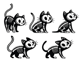 Group of five black cat skeletons in playful poses on a white background halloween spooky