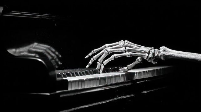 Skeleton hands play piano in dark space