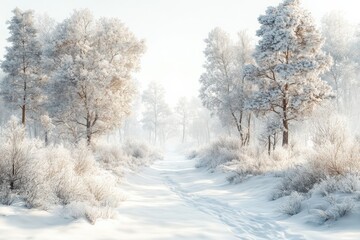 Obraz premium Snow-Covered Forest Path With Frosty Trees In Winter Landscape. Serene Winter Wonderland Scene