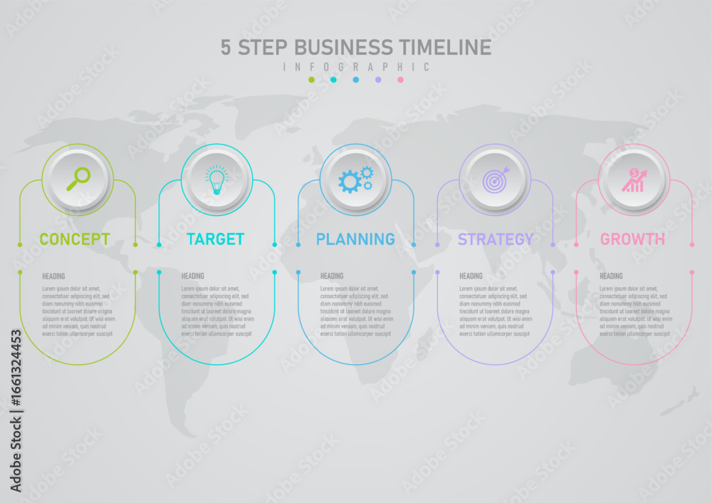 Poster 5 steps to success business planning infographic. multicolored line outlines, center and bottom with