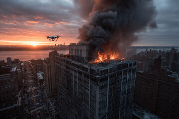 hightech drone battles raging fire atop skyscraper utilizing powerful water cannon