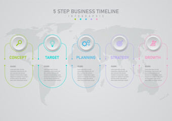 5 Steps to Success Business Planning Infographic. Multicolored line outlines, center and bottom with text. Gray circles on top with multicolored icons. Map behind with gray gradient background.
