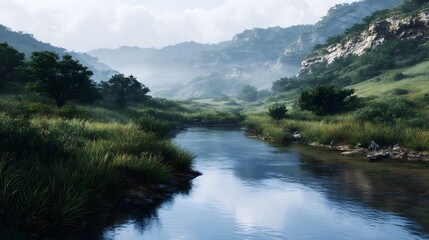 Serene river flowing through a lush green valley