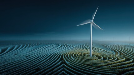 White wind turbine towers over a vast field with intricate circular green patterns. Clean renewable energy for a sustainable future, dark sky.