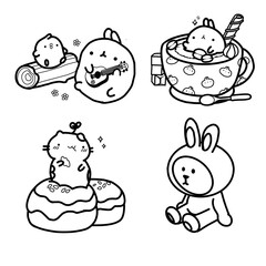 Cute doodle animals with food and toys – kawaii black and white illustration