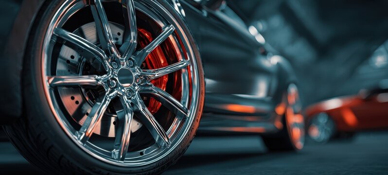 The gleaming chrome wheels of a modern performance car in dynamic perspective.