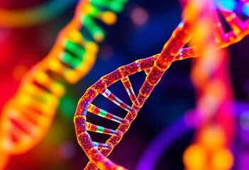 Abstract swirling DNA strands, vibrant colors, glowing helixes, abstract, motion