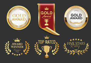 Naklejka na ściany i meble Award Winner emblem collection of gold laurel and gold emblem with text isolated on black background