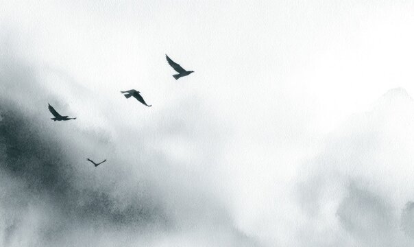 Three birds soar through a misty, gray landscape