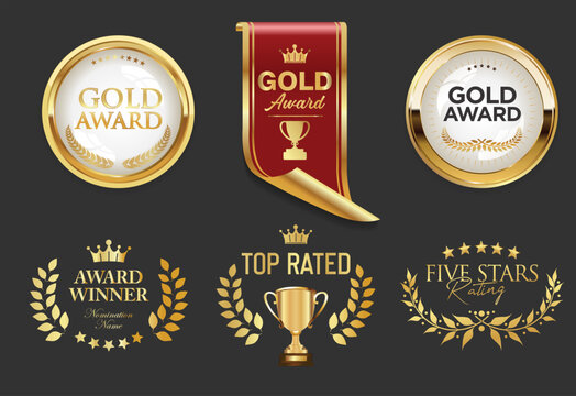 Award Winner emblem collection of gold laurel and gold emblem with text isolated on black background
