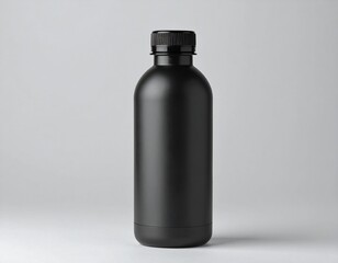 Minimalist black matte plastic bottle with screw cap on white background. Perfect for mockup, product packaging design, cosmetic container, shampoo, lotion, or beverage branding