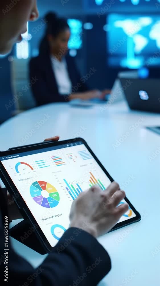 Poster a gender-neutral professional in modern business attire uses hands on a glowing tablet with analytic