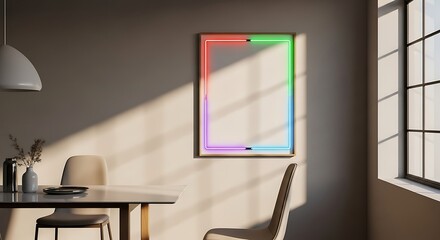 Minimalist Room With Table Chairs And Neon Lighted Frame interior home