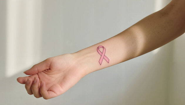 Pink ribbon tattoo on wrist for Breast Cancer Awareness Month  