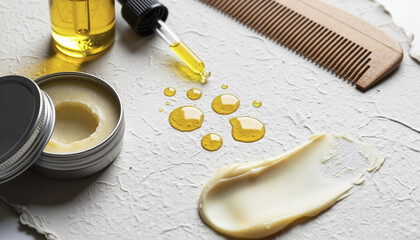 Beard care flatlay with oil and beard wax on textured surface