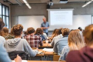 Students listen as a teacher lectures in a classroom