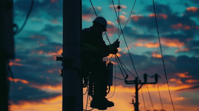 A utility worker inspects and maintains a power line structure