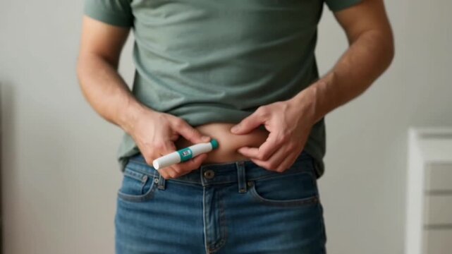 Caucasian man self-injects GLP-1 treatment into her belly using an injector pen labeled semaglutide for weight loss. Faceless shot