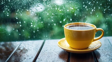 Obraz premium Steaming Cup of Coffee on a Rainy Day
