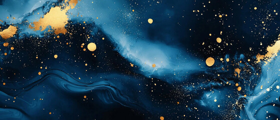 Abstract cosmic swirl: deep blue hues, gold accents, celestial feel