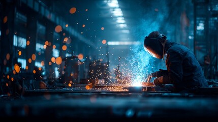Skilled welder creating sparks and light in a modern industrial workshop setting