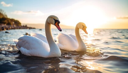 Obraz premium A Pair of Graceful Mute Swans Swimming Serenely on a Calm Lake at Sunset's Golden Hour