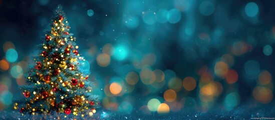 Festive Christmas tree with warm lights against a backdrop of teal bokeh