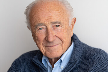 elderly man with furrowed brows and tears in his eyes stands against clean monochromatic background