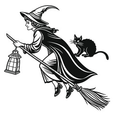 Witch flying on broomstick with lantern and black cat Halloween scene Keywords: witch, flying, broomstick, lantern, black cat, Halloween