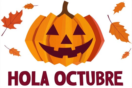 Hello October poster with orange big geometric pumpkin and leaves