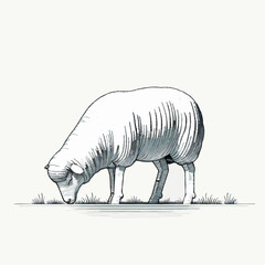 Stylized illustration of a white sheep grazing on grass.