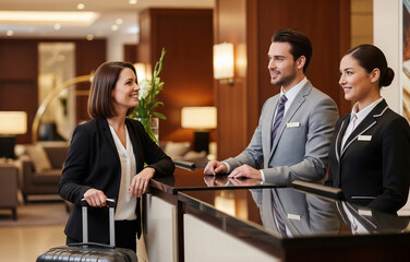 Guest communication at front desk illustrates excellent hospitality service.