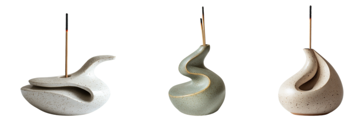 Hand-Sculpted Ceramic Incense Holders with Organic Modern Shapes Isolated on Transparent Background