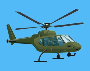Detailed front view illustration of a dark green military helicopter with complex rotor system against a blue sky