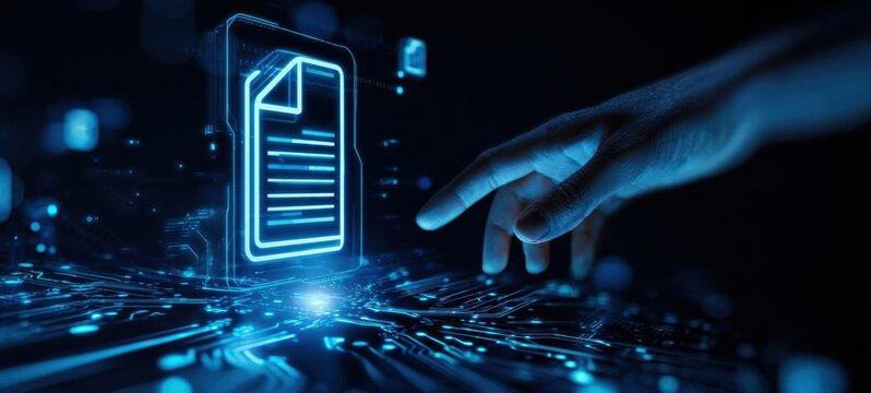 The digital file represented by holographic technology and human interaction.