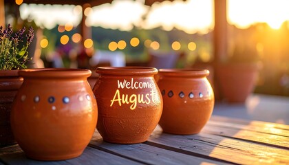 Welcome August on Clay Pots at Sunset - Outdoor Decor