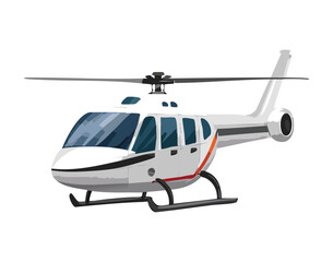 Clean and simple vector graphic of a white executive helicopter with a dark windshield flying through the air quickly