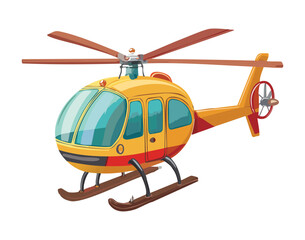 Classic cartoon illustration of a yellow and red passenger helicopter with a bubble canopy flying in the air