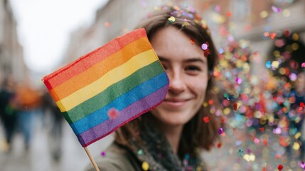 Smiling Person Holding Rainbow Flag With Colorful Confetti. Celebration Of Lgbtq+ Pride And Diversity